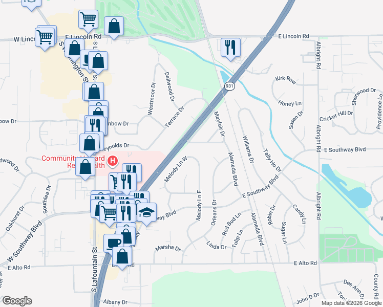 map of restaurants, bars, coffee shops, grocery stores, and more near 3401 Melody Lane West in Kokomo