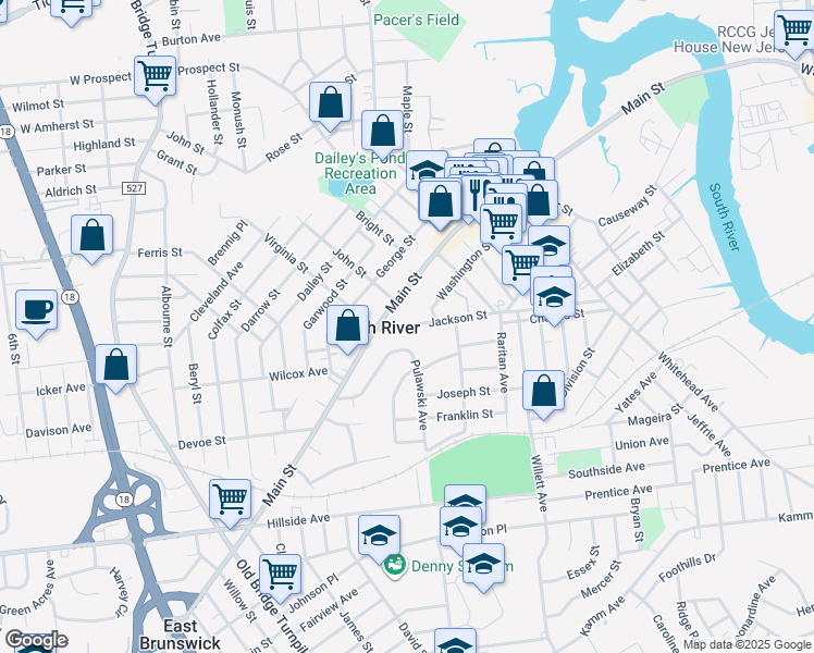 map of restaurants, bars, coffee shops, grocery stores, and more near 134 Jackson Street in South River