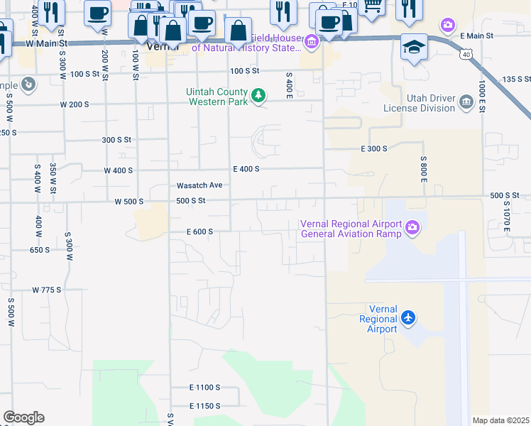 map of restaurants, bars, coffee shops, grocery stores, and more near 314 East 535 South in Vernal