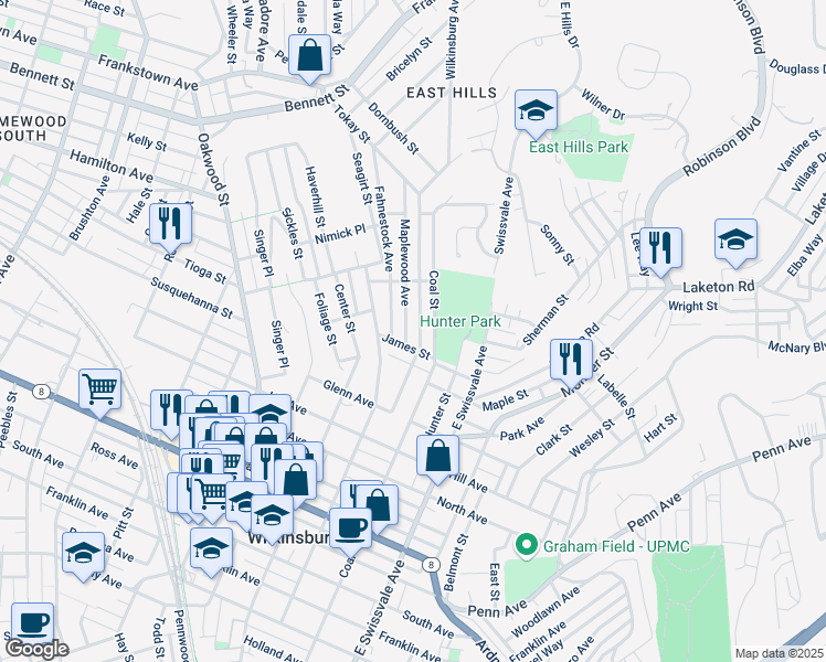 map of restaurants, bars, coffee shops, grocery stores, and more near 1603 Maplewood Avenue in Pittsburgh