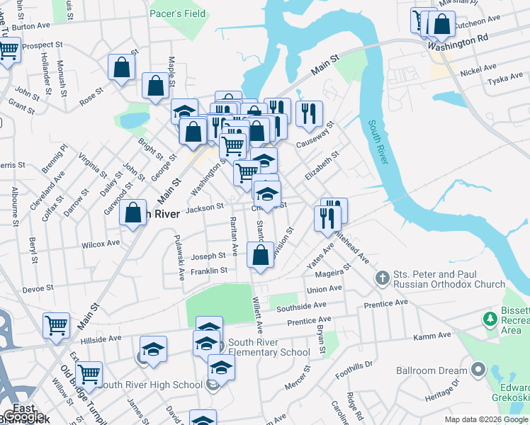 map of restaurants, bars, coffee shops, grocery stores, and more near 34 Charles Street in South River