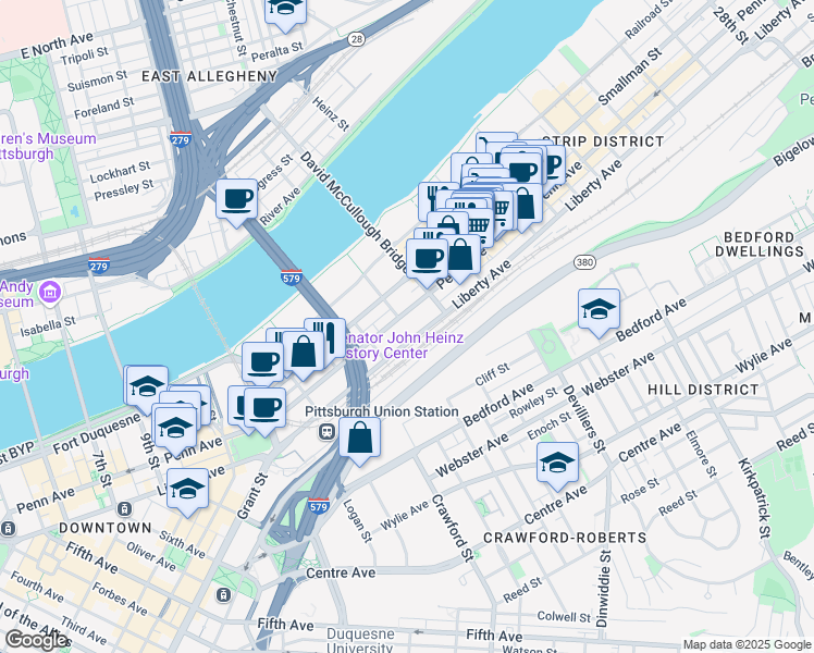 map of restaurants, bars, coffee shops, grocery stores, and more near 1400 Penn Avenue in Pittsburgh