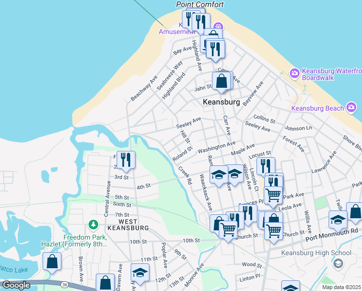 map of restaurants, bars, coffee shops, grocery stores, and more near 12 Willow Street in Keansburg