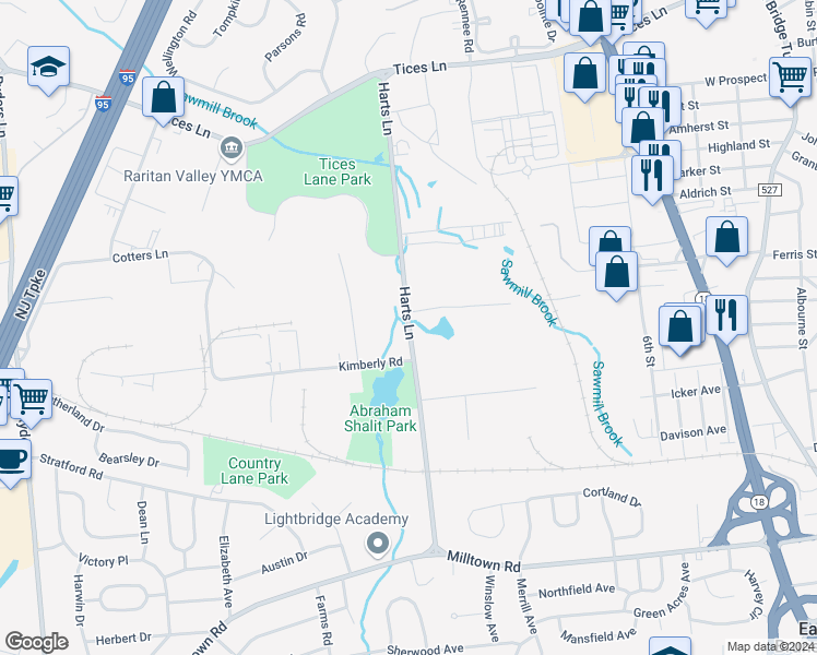 map of restaurants, bars, coffee shops, grocery stores, and more near 15 Harts Lane in East Brunswick