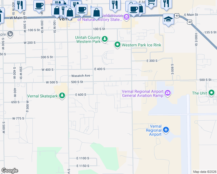 map of restaurants, bars, coffee shops, grocery stores, and more near 320 East 535 South in Vernal