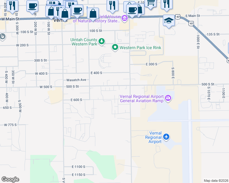 map of restaurants, bars, coffee shops, grocery stores, and more near 384 East 535 South in Vernal