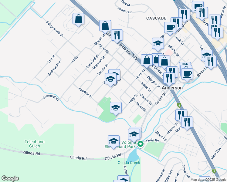 map of restaurants, bars, coffee shops, grocery stores, and more near 1697 Mill Street in Anderson