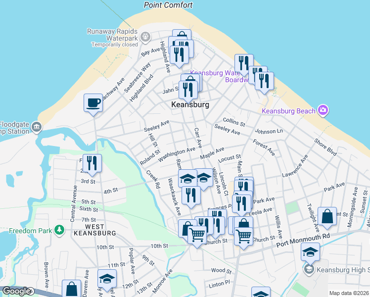 map of restaurants, bars, coffee shops, grocery stores, and more near 13 Myrtle Avenue in Keansburg
