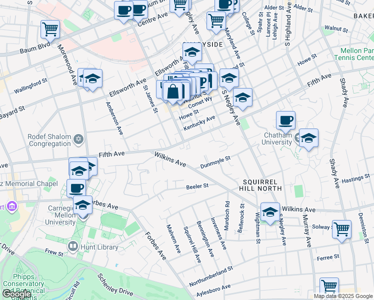 map of restaurants, bars, coffee shops, grocery stores, and more near 5325 Wilkins Avenue in Pittsburgh