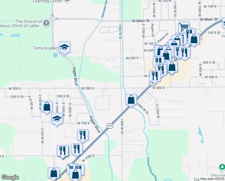 map of restaurants, bars, coffee shops, grocery stores, and more near 1567 West 500 South in Vernal