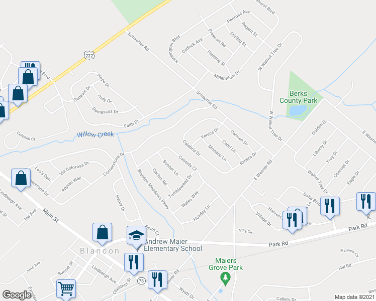 map of restaurants, bars, coffee shops, grocery stores, and more near 400 Riviera Drive in Blandon