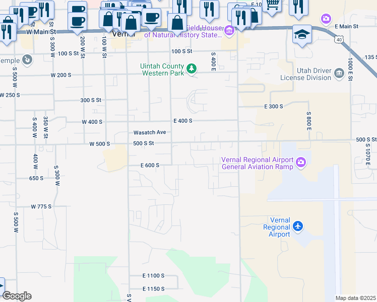 map of restaurants, bars, coffee shops, grocery stores, and more near 314 East 535 South in Vernal