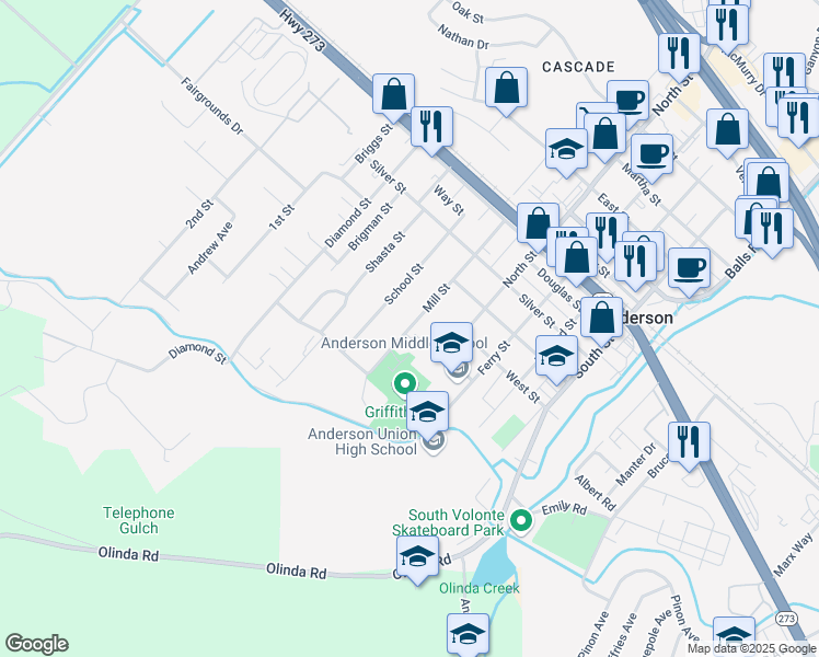 map of restaurants, bars, coffee shops, grocery stores, and more near 1645 Mill Street in Anderson