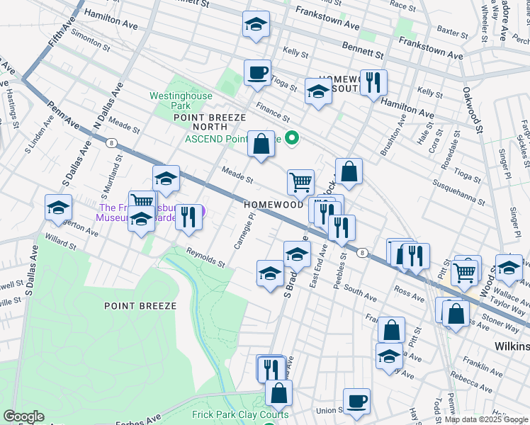 map of restaurants, bars, coffee shops, grocery stores, and more near 7418 Penn Avenue in Pittsburgh