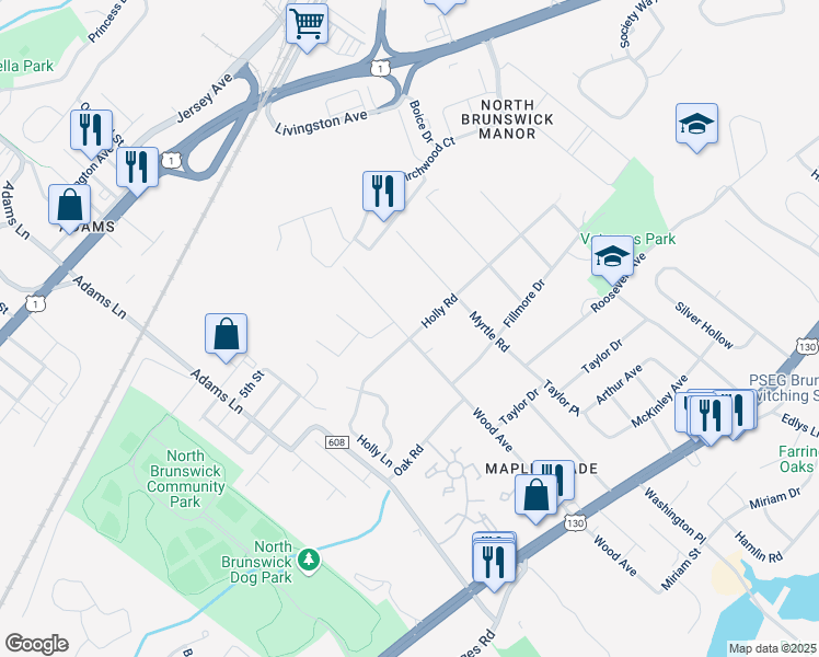 map of restaurants, bars, coffee shops, grocery stores, and more near 663 Wood Avenue in North Brunswick Township