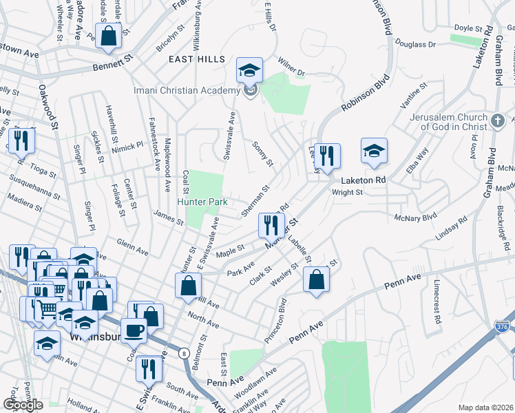 map of restaurants, bars, coffee shops, grocery stores, and more near 1218 Sherman Street in Pittsburgh