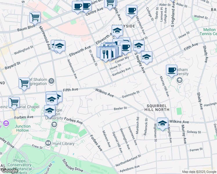 map of restaurants, bars, coffee shops, grocery stores, and more near 5267 Wilkins Avenue in Pittsburgh
