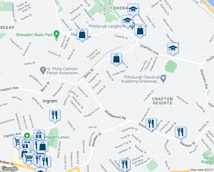 map of restaurants, bars, coffee shops, grocery stores, and more near 1409 Justine Street in Pittsburgh