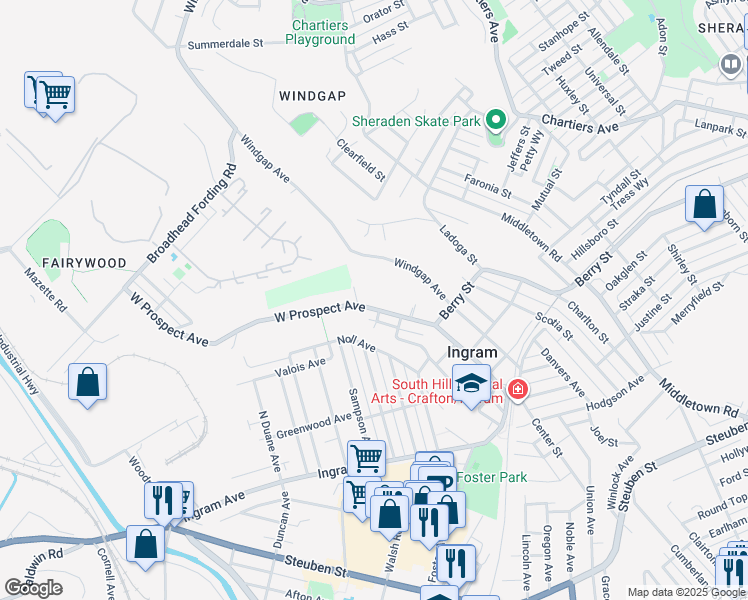 map of restaurants, bars, coffee shops, grocery stores, and more near in Ingram