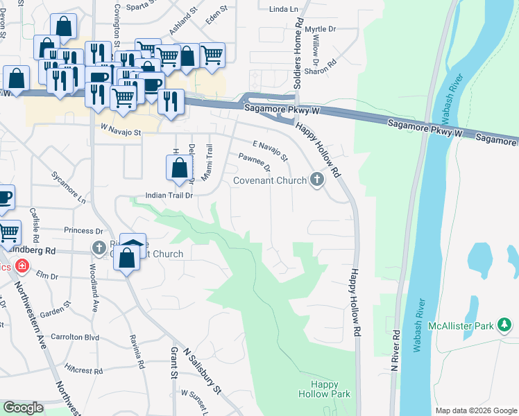 map of restaurants, bars, coffee shops, grocery stores, and more near 221 Pawnee Drive in West Lafayette