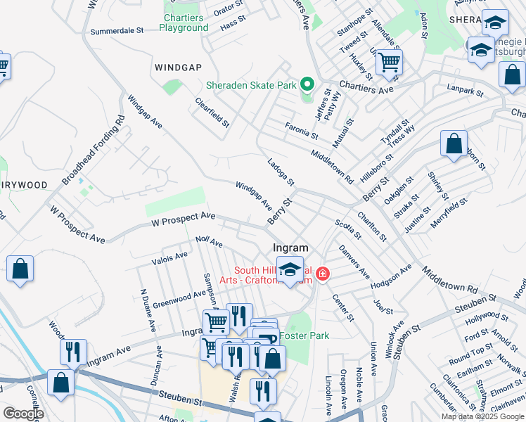 map of restaurants, bars, coffee shops, grocery stores, and more near 114 West Prospect Avenue in Pittsburgh