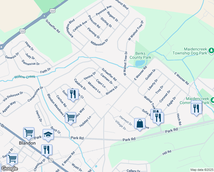 map of restaurants, bars, coffee shops, grocery stores, and more near 217 Capri Lane in Blandon