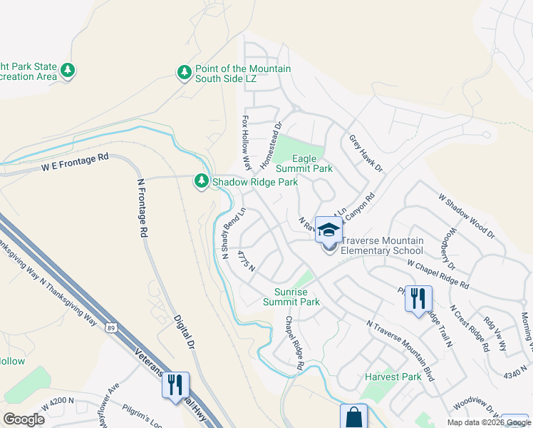 map of restaurants, bars, coffee shops, grocery stores, and more near 4904 North Shady View Lane in Lehi