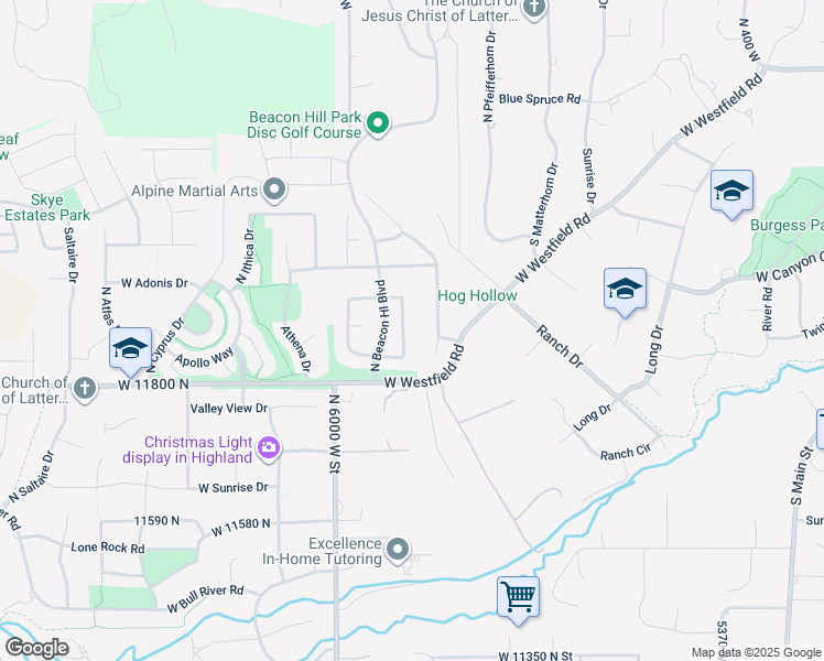 map of restaurants, bars, coffee shops, grocery stores, and more near 11886 Harvest Moon Lane in Highland