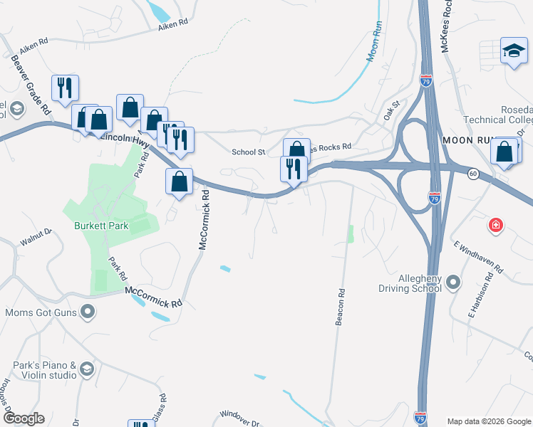 map of restaurants, bars, coffee shops, grocery stores, and more near 125 Planet Way in McKees Rocks