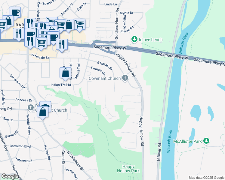 map of restaurants, bars, coffee shops, grocery stores, and more near 221 E Navajo St in West Lafayette
