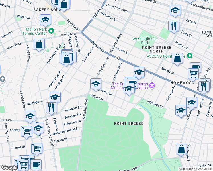 map of restaurants, bars, coffee shops, grocery stores, and more near 415 South Murtland Street in Pittsburgh