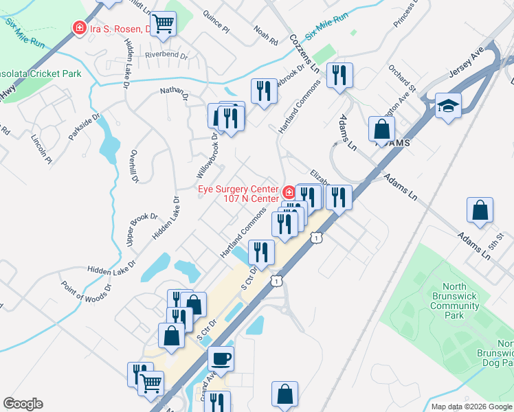 map of restaurants, bars, coffee shops, grocery stores, and more near 41 Brighton Way in North Brunswick Township
