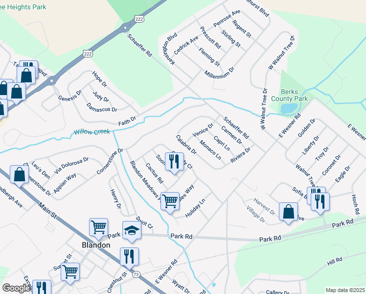 map of restaurants, bars, coffee shops, grocery stores, and more near 400 Riviera Drive in Blandon