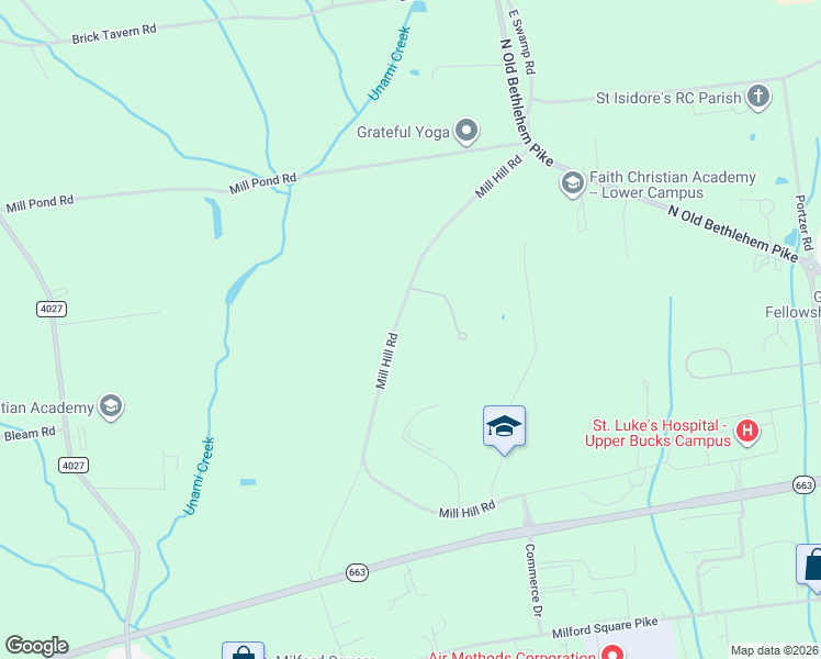 map of restaurants, bars, coffee shops, grocery stores, and more near 2255 Mill Hill Road in Quakertown