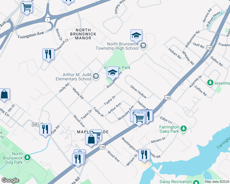 map of restaurants, bars, coffee shops, grocery stores, and more near 1602 Taylor Drive in North Brunswick Township