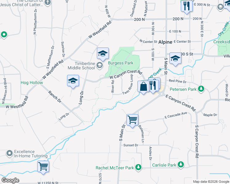 map of restaurants, bars, coffee shops, grocery stores, and more near 366 River Road in Alpine