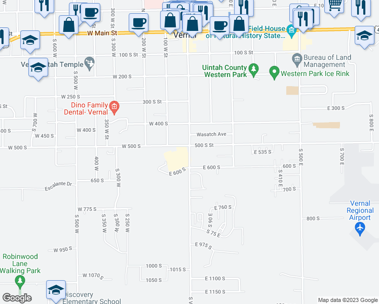 map of restaurants, bars, coffee shops, grocery stores, and more near 535 South Vernal Avenue in Vernal