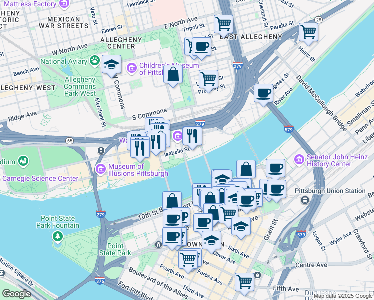 map of restaurants, bars, coffee shops, grocery stores, and more near 135 Isabella Street in Pittsburgh