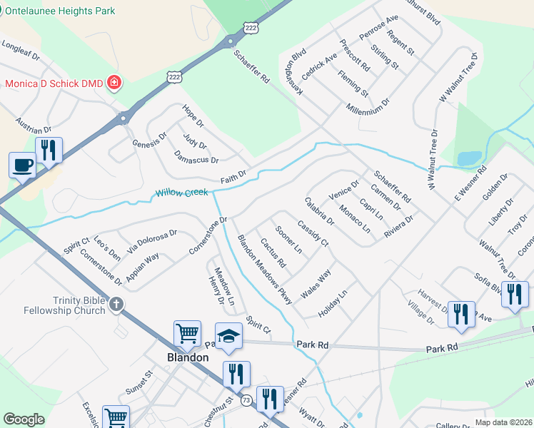 map of restaurants, bars, coffee shops, grocery stores, and more near 302 Sooner Lane in Blandon