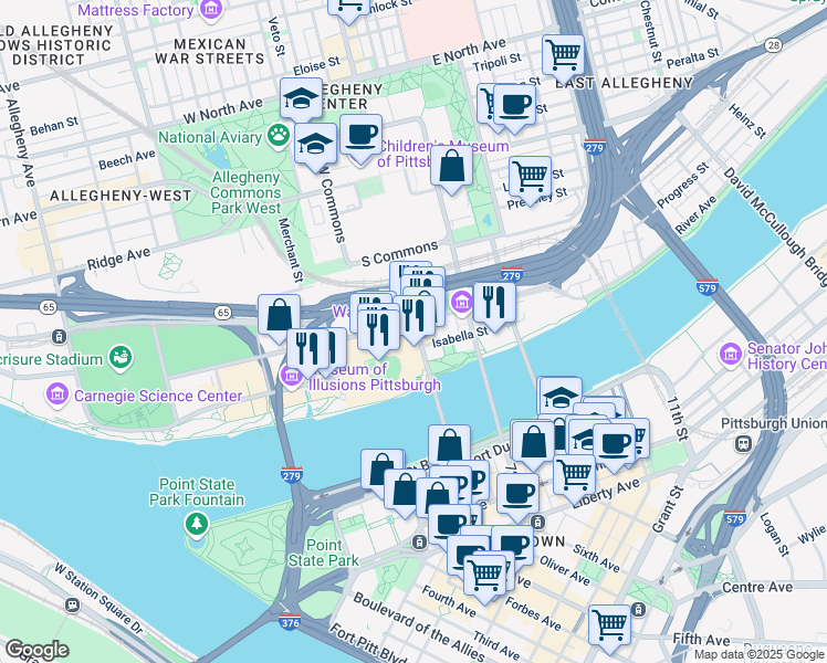 map of restaurants, bars, coffee shops, grocery stores, and more near 47 Federal Street in Pittsburgh