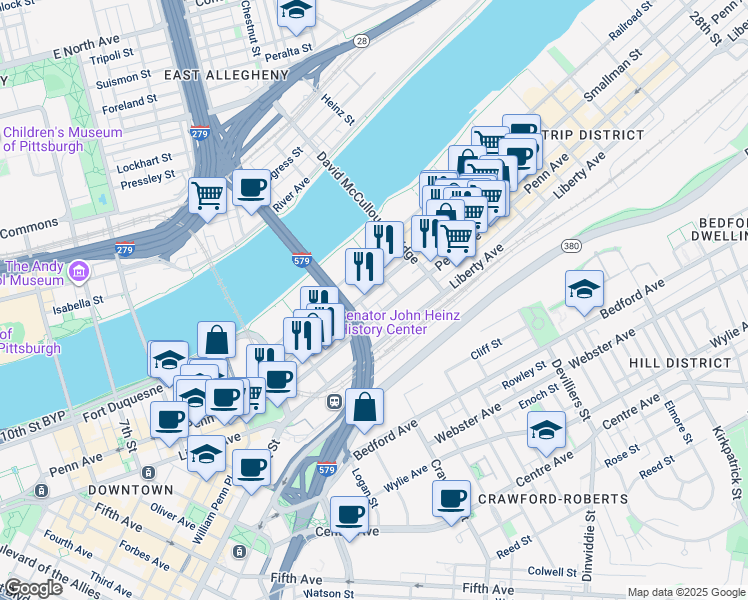 map of restaurants, bars, coffee shops, grocery stores, and more near 1410 Smallman Street in Pittsburgh