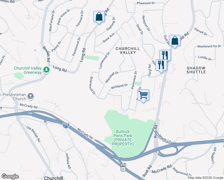 map of restaurants, bars, coffee shops, grocery stores, and more near 115 Lennox Drive in Pittsburgh