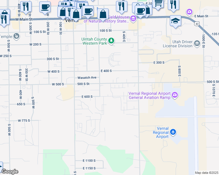map of restaurants, bars, coffee shops, grocery stores, and more near 530 South 285 East in Vernal