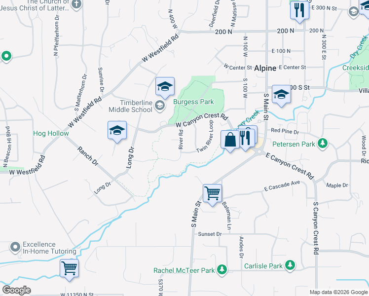 map of restaurants, bars, coffee shops, grocery stores, and more near 366 River Road in Alpine