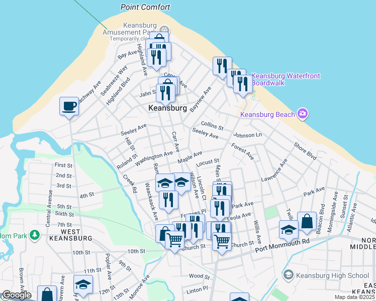 map of restaurants, bars, coffee shops, grocery stores, and more near 79 Maple Avenue in Keansburg