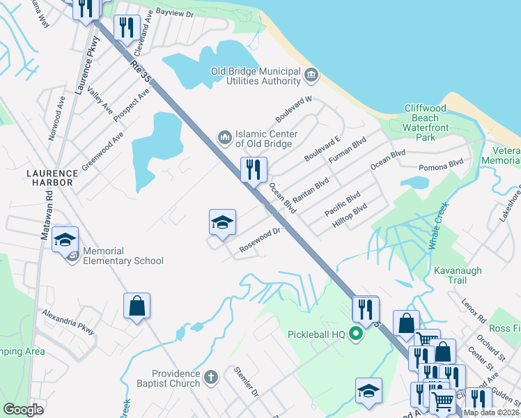 map of restaurants, bars, coffee shops, grocery stores, and more near 206 Birchwood Drive in Keyport