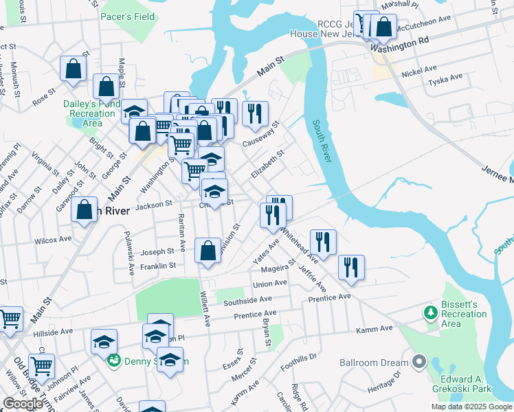 map of restaurants, bars, coffee shops, grocery stores, and more near 170 Whitehead Avenue in South River