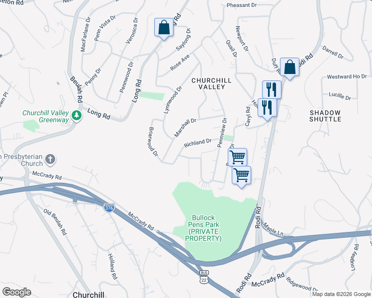 map of restaurants, bars, coffee shops, grocery stores, and more near 115 Lennox Drive in Pittsburgh