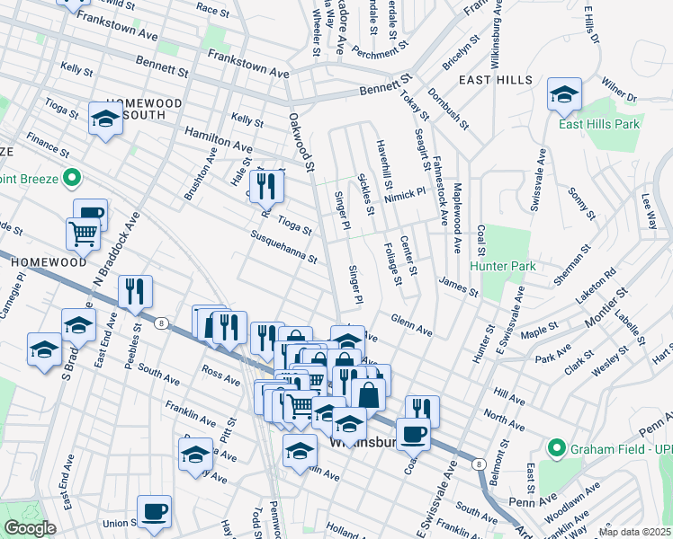 map of restaurants, bars, coffee shops, grocery stores, and more near 525 Holmes Street in Pittsburgh