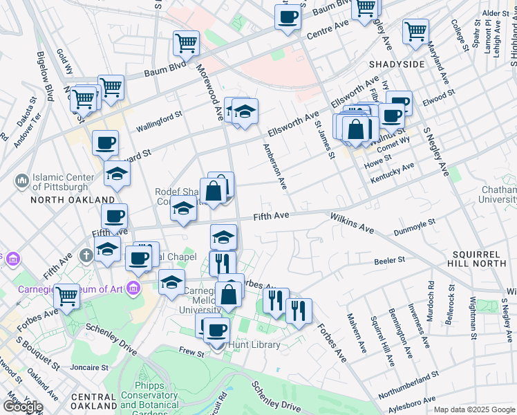 map of restaurants, bars, coffee shops, grocery stores, and more near 5035 Fifth Avenue in Pittsburgh